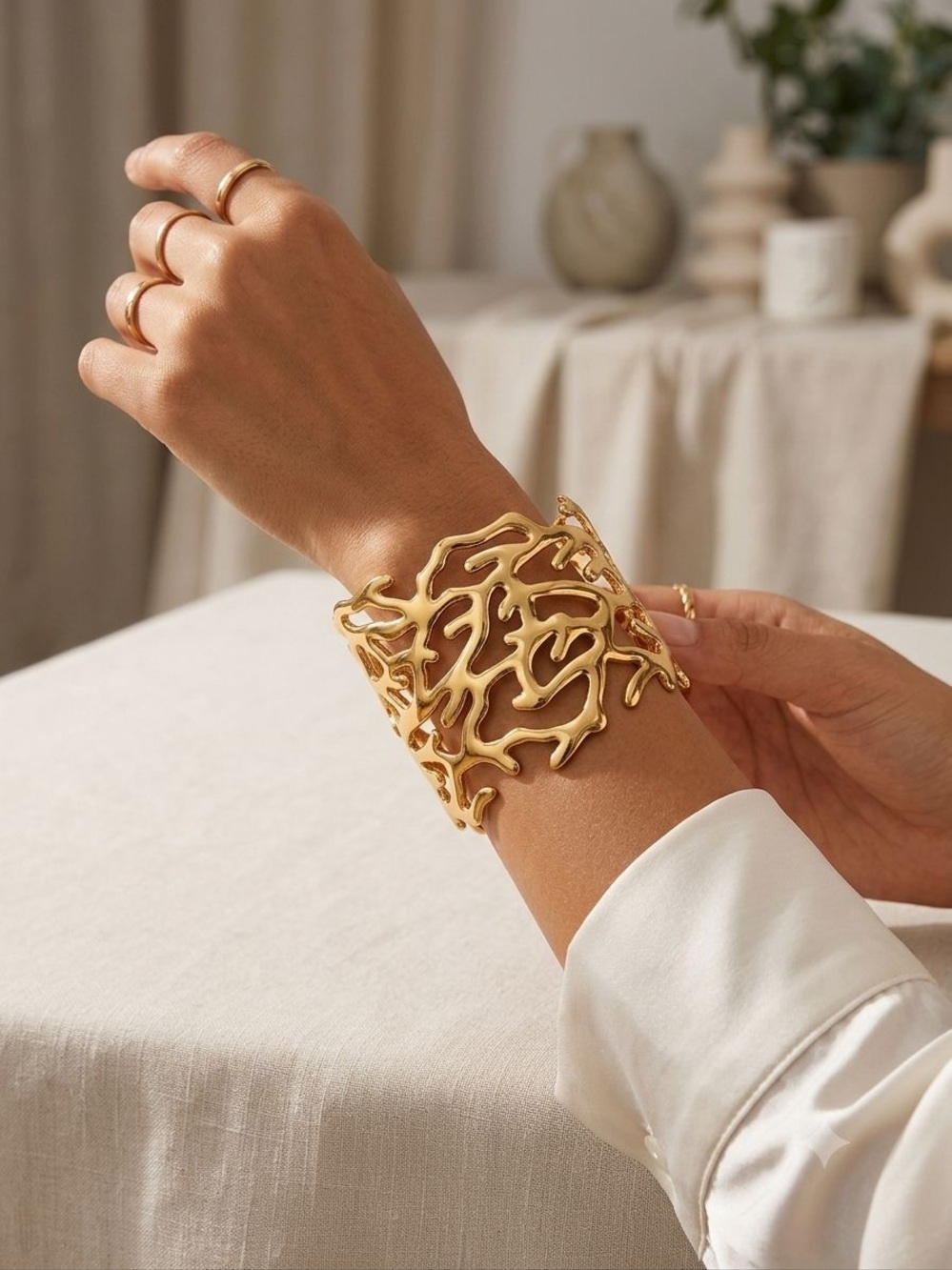 Gold Sculptural Openwork Cuff Bracelet - Women Jewelry